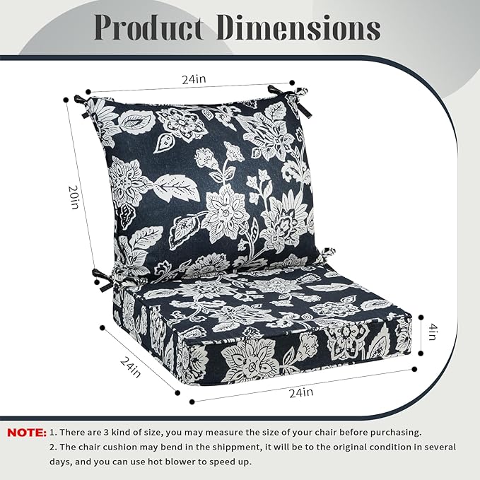 PLTCAT Floral Print Outdoor Cushions, Waterproof Patio Furniture Cushion Set with Removable Cover (Print, 24" x 24" + 24" x 20")