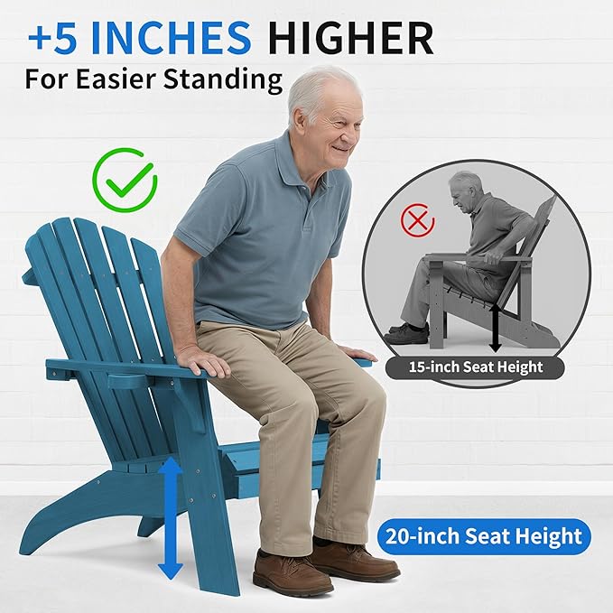 Psilvam Adirondack Chair, Oversized Poly Lumber Fire Pit Chair with Cup Holder, 350Lbs Support Patio Chairs for Garden, Weather Resistant Outdoors Seating, Relaxing Gift for Father & Mother(2, Blue)