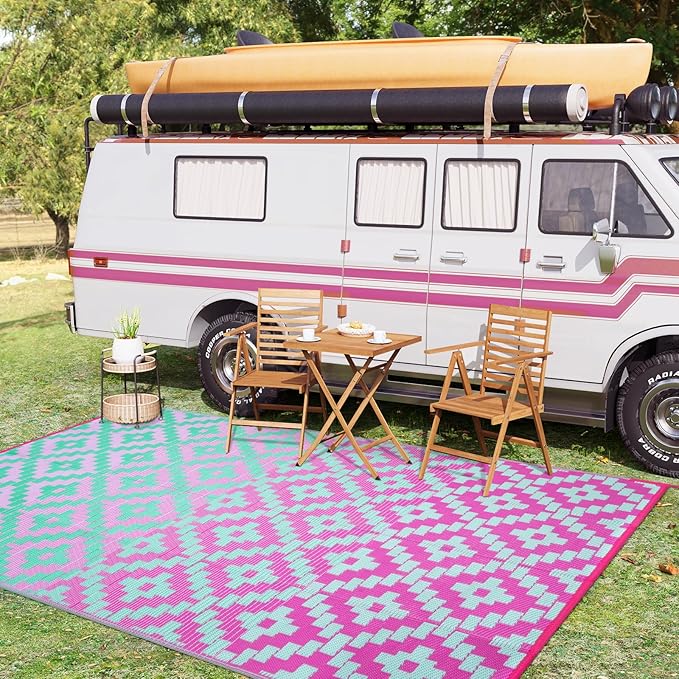 Wonnitar Outdoor Rug 9x12 Waterproof Reversible Plastic Straw Rug for Patio Clearance, Modern Outside Area Rug RV Rug for Camping, Indoor Outdoor Portable Mat for Deck Balcony Porch, Green/Pink
