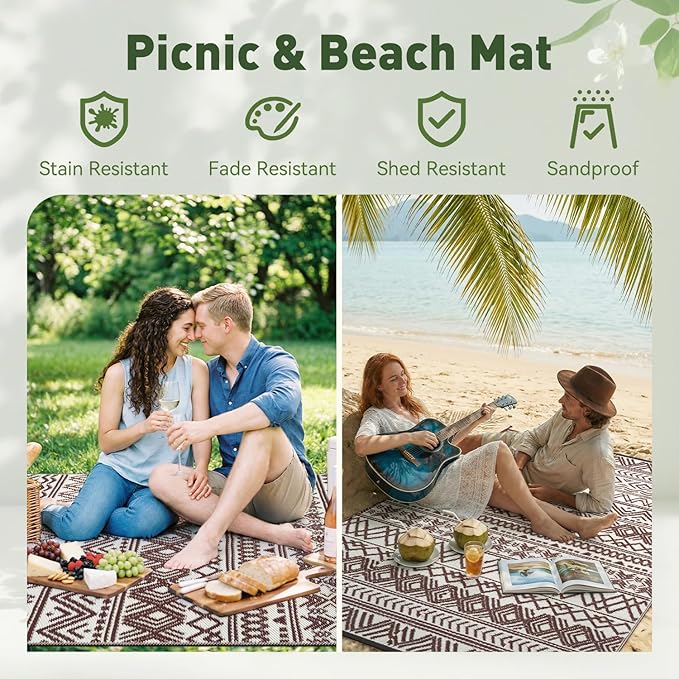 MontVoo Outdoor Rug 8x10 Waterproof Outdoor Patio Rug Mat Reverisble Plastic Straw Outdoor Rug for RV Camping Picnic Beach Balcony Boho Beige Brown