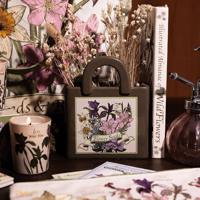 Steel Mill and Co Mini Ceramic Tote Bag Vase, Novelty Wildflower Garden Shop Planter, Unique Desk Pen Holder & Pencil Cup, Small Succulent Pot & Home Decor (Wildflowers)