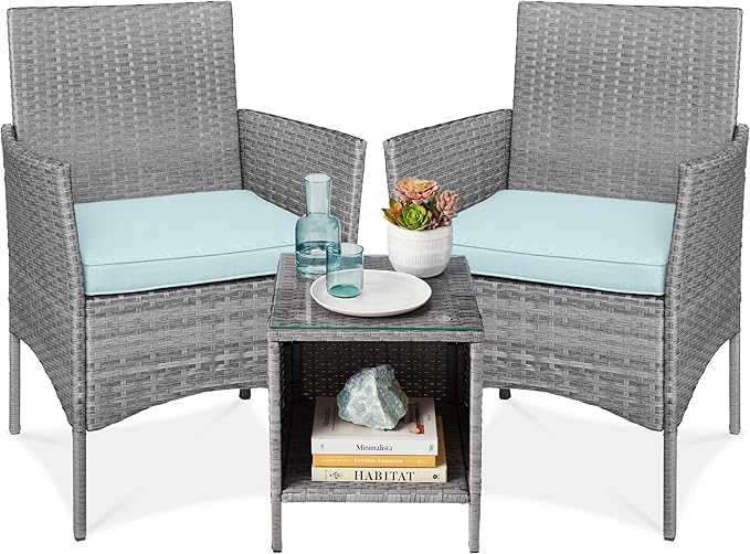 Best Choice Products 3-Piece Outdoor Wicker Conversation Bistro Set, Space Saving Patio Furniture for Garden w/Side Table - Gray/Pastel Blue