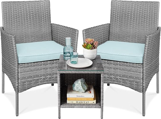 Best Choice Products 3-Piece Outdoor Wicker Conversation Bistro Set, Space Saving Patio Furniture for Garden w/Side Table - Gray/Pastel Blue