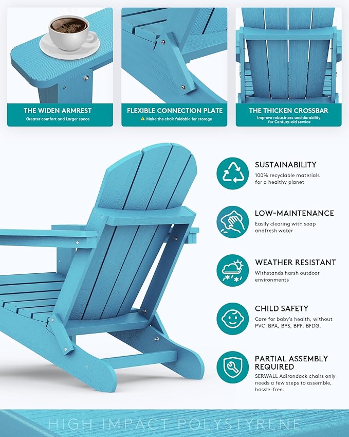 SERWALL Folding Adirondack Chair Weather Resistant Patio Chair Outdoor Chairs Set of 6 Painted Adirondack Chairs - Light Blue