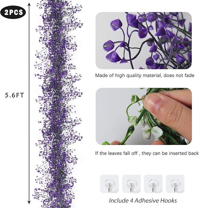 RECUTMS Artificial Hanging Vines Garland Fake Plant Greenery Faux Ferns Leaves Ivy Garland 2Pcs 5.6Ft for Spring Home Indoor Outdoor Wedding Table Centerpiece Party Valentine's Day Decor(Purple)