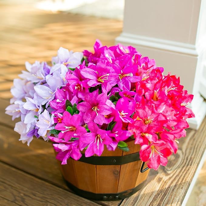 INSPRING Artificial Flowers for Outdoors Outside, 3 Bundles Fake Silk Azalea Flower Realistic UV Resistant Spring Flowers for Decoration Faux Plants for Outdoor Planters Porch Patio Garden Home, Mix