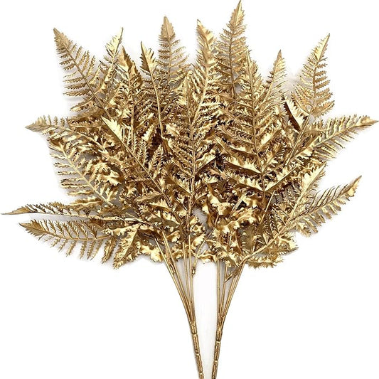 CATTREE Christmas Artificial Plants Decoration, Plastic Golden Shrubs Plant Simulation Boston Leaves Fake Fern Grass for Wedding Party Indoor DIY Home Office Table Centerpieces Decor - Gold 2 Pack
