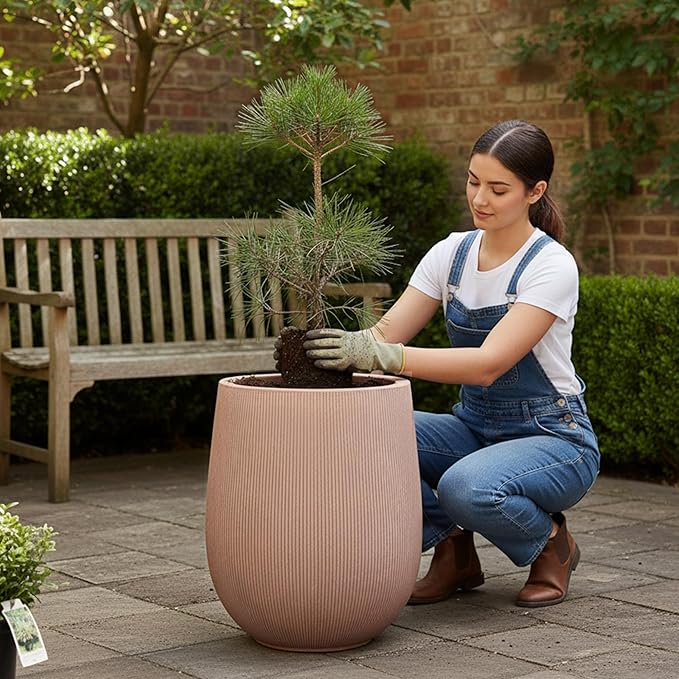 Planters for Indoor Plants, 18.7 inch Large Plant Pots for Indoor & Outdoor Use, Magnesium Oxide Ribbed Round Planter with Drainage Hole and Rubber Plug, Garden Decorative