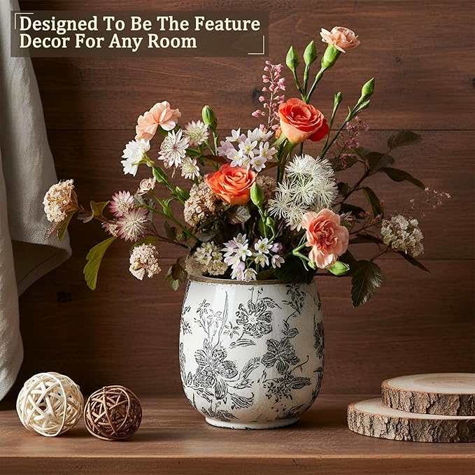 Vintage Ceramic Flower Pot with Ice Crackle Rustic Planter with Drainage Holes for Indoor and Outdoor Decor Home Living Room Garden Decor Gardening Gift (Rustic Grey Style)