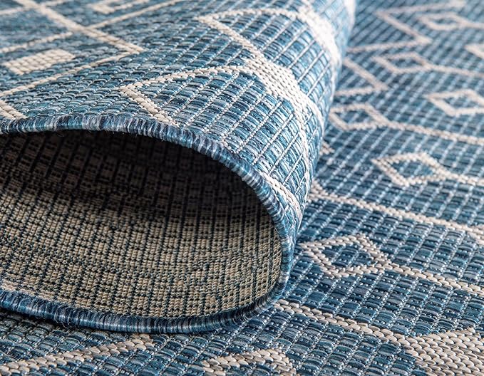 Unique Loom Outdoor Trellis Collection Area Rug - Tribal Trellis (6' 1" Square, Blue/ Ivory)