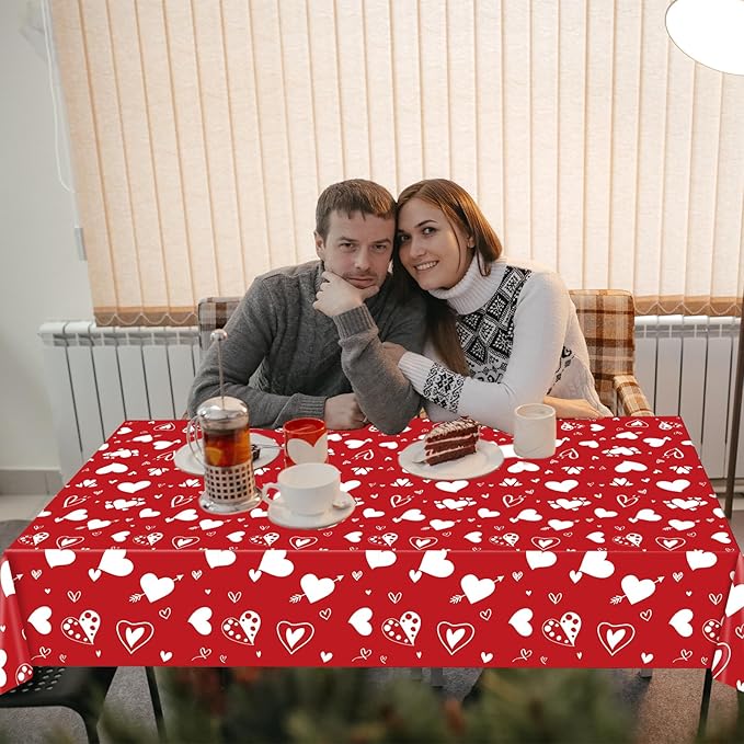 3 Pieces Valentine's Day Red Heart Tablecloth - 54 x 108 Inches Disposable Plastic Table Cover with Hearts and Arrows for Weddings, Bridal Showers, Engagement Party Supplies, and Romantic Decorations