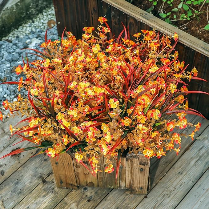 Artificial Fall Flowers Faux Mums, Autumn Outdoor Indoor Decor, Fake Daisy Plants with Eucalyptus Leaves Grass, Orange Flowers UV Resistant Greenery for Porch Patio Boxwood Home Garden, 12PCS