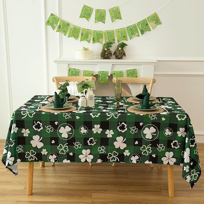 Waterproof Celtic Plaid Tablecloth Fabric - St Patrick's Day Green Oblong 52x70 Inch Buffalo Tartan Festive Table Cloth for Indoor Use - Irish Accessories for Dinner, BBQs, and Parties
