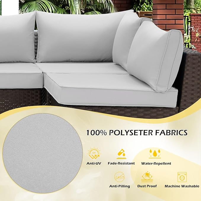 HOMREST Outdoor Replacement Cushions for Patio Furniture,Water-Repellent Sofa Cushion for 6-Seat Rattan Wicker Sectional Patio Conversation Sets,14-Piece Cushions Set for Outdoor Couch（Silver Grey）