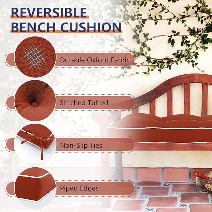 Favoyard Indoor/Outdoor Bench Cushion 48 x 16 Inch Waterproof & 3-Year Fade-Resistant Patio Furniture Cushions for Garden Porch Swing Chair Tufted Pad for Sofa Couch Seat with Ties, Red