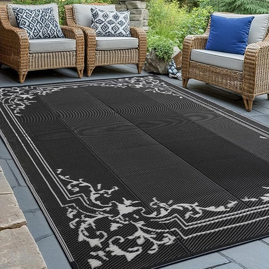 wikiwiki Outdoor Rug, 8x10ft Waterproof Reversible Mat Indoor Outdoor Rugs Carpet, Small Area Rug Plastic Straw Rug for Patio Deck Balcony Pool RV Camping Beach Picnic, Classic Black, Rugscape Series