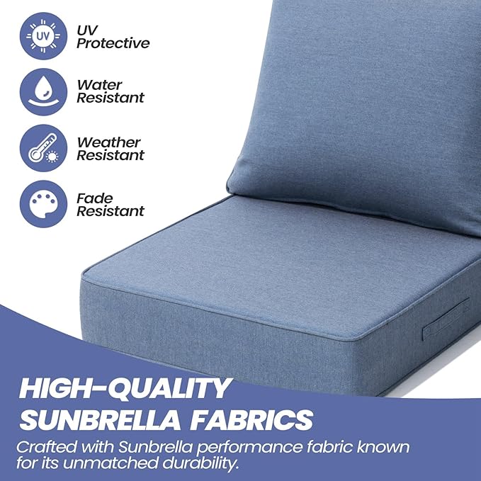 Crestlive Sunbrella 5.5" Outdoor Cushion for Patio Furniture Set of 2, 24 x 24, Waterproof and Fade-Resistant Deep Seat Cushions for Chair, Wicker Sofa and Couch, Denim