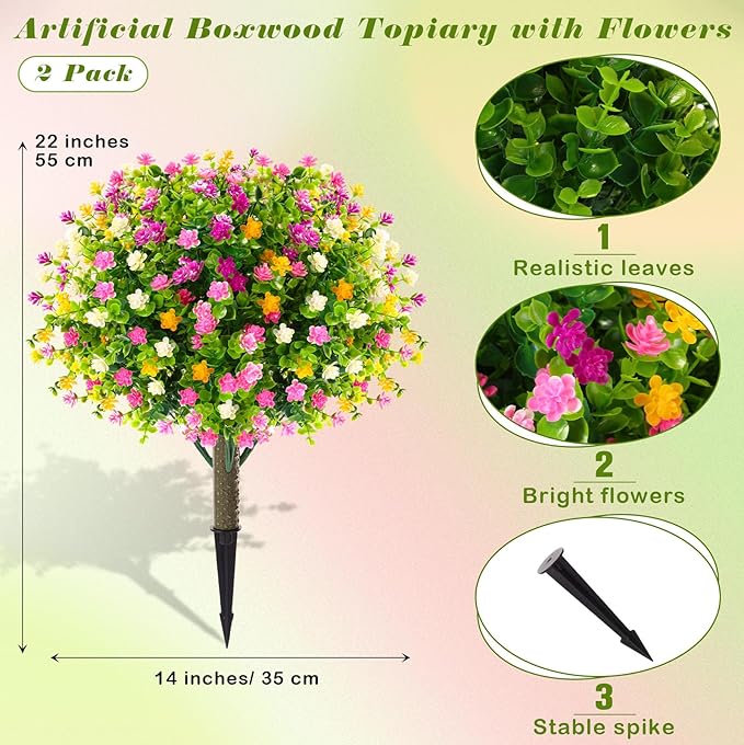 Yunlly 2 Pcs Outdoor Artificial Topiary Ball Trees 22" with Colorful Flowers, Boxwood Fake Bushes Shrubs with Spike, UV Resistant Evergreen Plants for Front Porch Garden Decor (Mix Color)