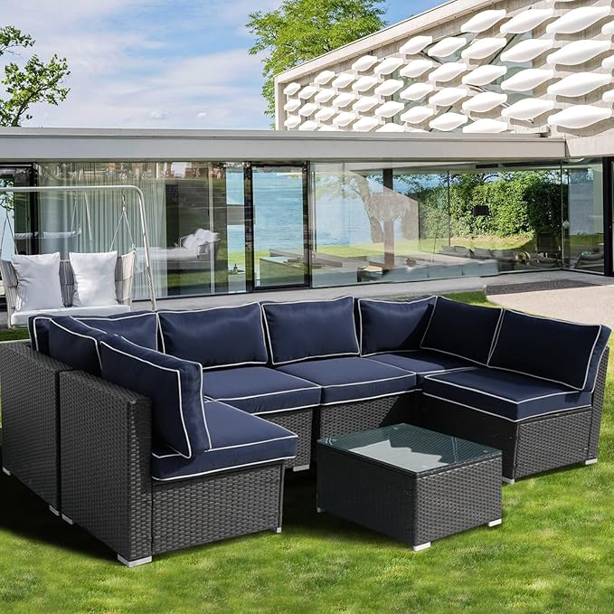 Outdoor Cushions for Patio Furniture,14Pieces Water-Resistant Replacement Cushions Fits 6-seat Sectional Rattan Conversation Set Outdoor Patio Sofa Cushion,Liner&Cover(Navy Blue+White Edges)
