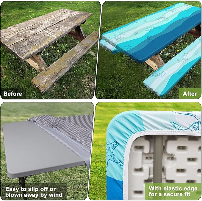 Picnic Table Cover with Bench Covers Camping Essentials Waterproof Windproof Camping Tablecloth with Drawstring Bag, Fitted Rectangle Tables and Seats, 60in, Sky Blue