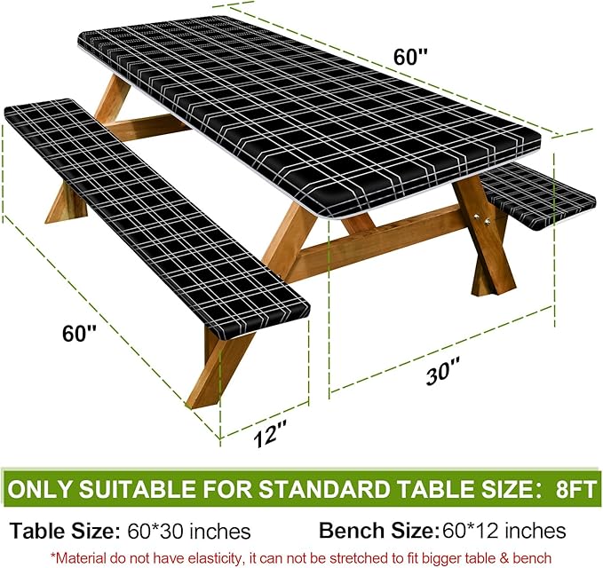 Picnic Table Cover with Bench Covers Camping Essentials Waterproof Windproof Camping Tablecloth with Drawstring Bag, Fitted Rectangle Tables and Seats, 60in, Black Checkered