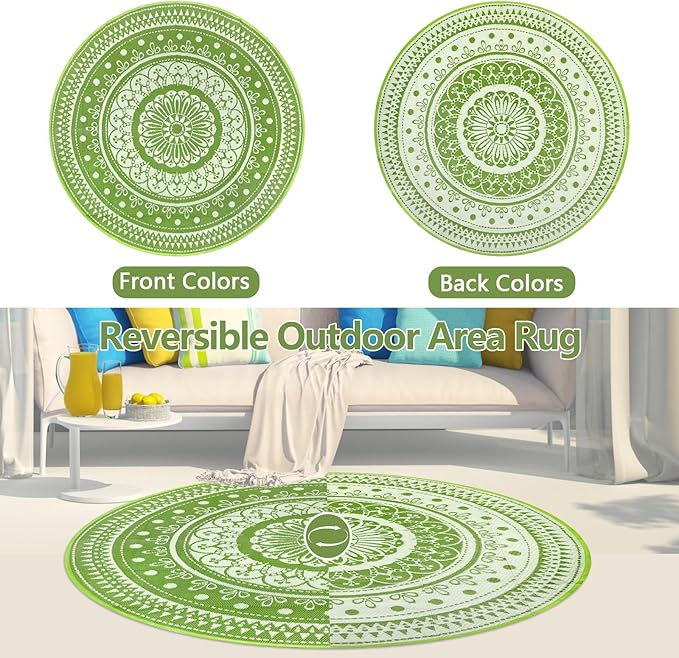 Cekene Round Outdoor Rugs Waterproof 8Ft Reversible Outdoor Patio Rugs Portable RV Camping Mats Lightweight Plastic Straw Rugs Outdoor Area Rug for Patio Picnic Beach BBQ, Black/Camel