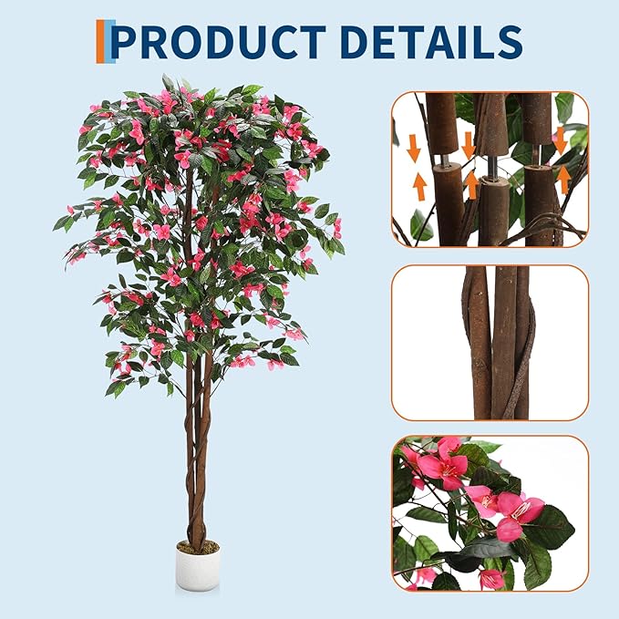 6FT Artificial Bougainvillea Tree, Faux Silk Bougainvillea Plant in Pot, Indoor Outdoor Decor, Potted Faux Flower Tree for Home Office Garden Living Room