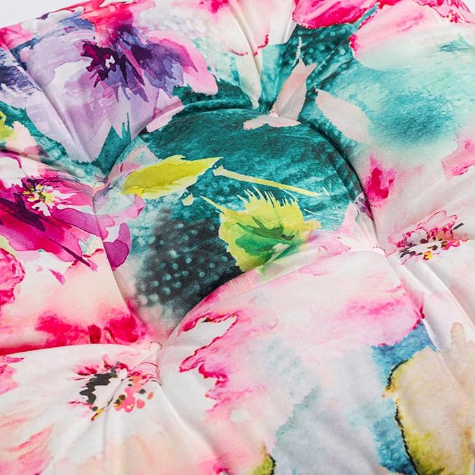 2-Pack Outdoor/Indoor Wicker Patio Seat Cushion Pad with Ties - Dining Chair Cushion, 17" x 17" (Watercolor Flowers)