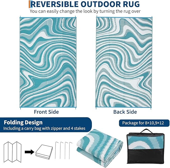 Outdoor Rug 8x10 Waterproof Patio Rugs Modern Abstarct Reversible Mat for Front Door Rv Foldable Plastic Straw Carpet for Travel Trailers, Porch, Camper, Balcony, Beach，Lake Green/Light Blue