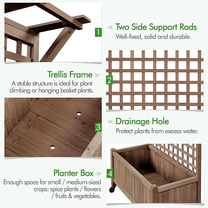 Yaheetech 72" H Garden Planter with Trellis for Vine Climbing Horticultural Plants, Outdoor Raised Box with Drainage Holes, Raised Garden Bed for Flowers, Dark Brown, 2pcs