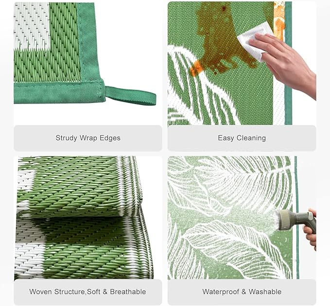 wikiwiki 9x12ft Outdoor Rug, Reversible Plastic Patio Rug Waterproof, Indoor Outdoor Carpet Clearance, Large Area Carpet for Patio Deck Balcony Pool RV Camping Beach Picnic, Green