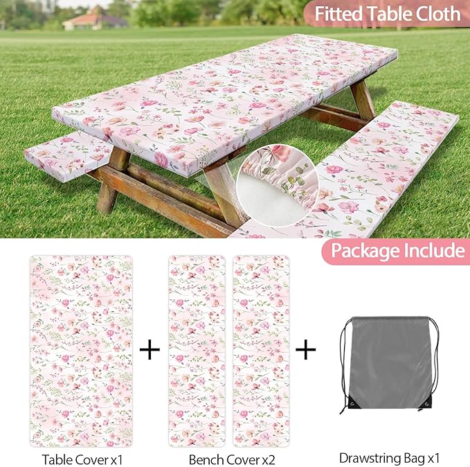 3PCS Picnic Table Cover with Bench Cover Cute Pink Floral Print Camping Tablecloth Fitted Picnic Picnic Table Cover with Elastic Windproof Waterproof, Outdoor & Garden Camping Accessories 72IN