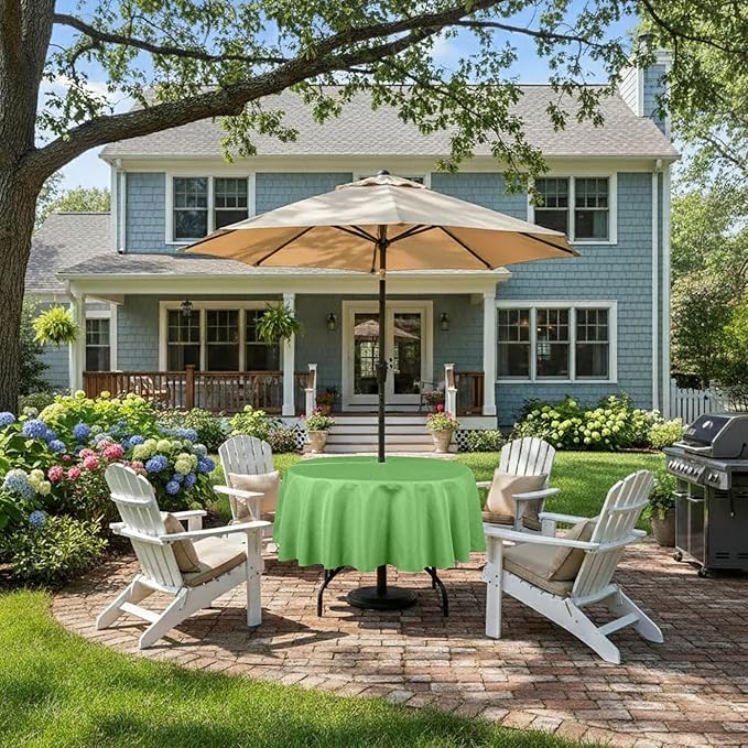 Outdoor Tablecloth Wrinkle-Free Stain Resistant Waterproof Polyester Fabric Table Cover with Zipper Umbrella Hole for Picnic/Party/Dinner/Patio Garden(70inch Round,Zippered,Olive Green)