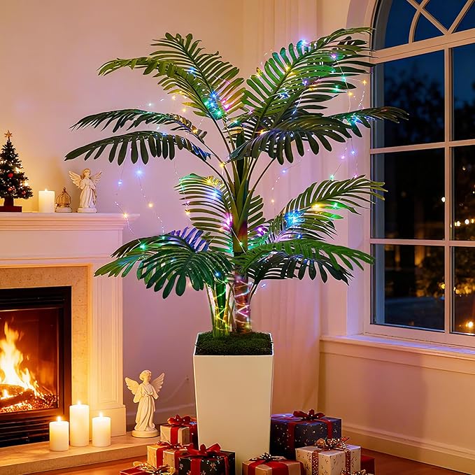 Artificial Palm Tree 5FT - Fake Tree with Tall Planter and Fairy Lights, Large Tropical Palm Faux Tree, Fake Plants for Indoor Outdoor Living Room Outside Patio Office Home Decor