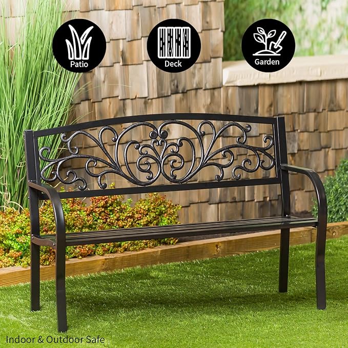 Evergreen Garden Weatherproof Outdoor Bench Blooming Garden | Holds Up to 300 lbs. | Furniture for Lawn Garden Patio Porch Park Deck | Steel | Black