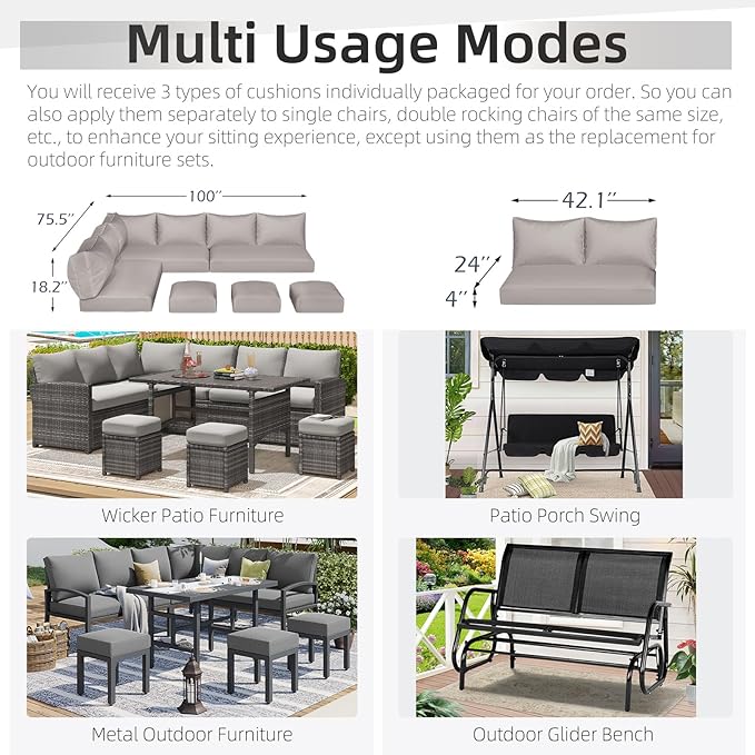 U-MAX Outdoor Cushions, 4 inch Memory Foam Patio Replacement for Outdoor Furniture, Fits 7-Seats Sectional Rattan Conversation Set, Splashproof Covers (Light Grey)