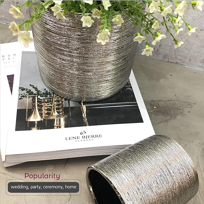 WGVI Silver Etched Ceramic Cylinder Vase Width 3.75" Height 4", Flower Arrangements, Candle Holder, Terrarium Planter Pot, Storage Container Organizer, Pen Brush Holder, Scratched Texture, 6 Pcs