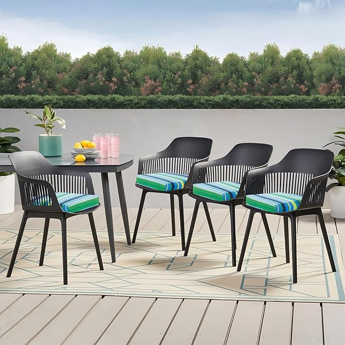 Outdoor Chair Cushions Set of 4, 18.5 x 16 Inch Patio Chair Cushions, Water Resistant, Non-Slip Ties (Blue & Green Pinstripe)