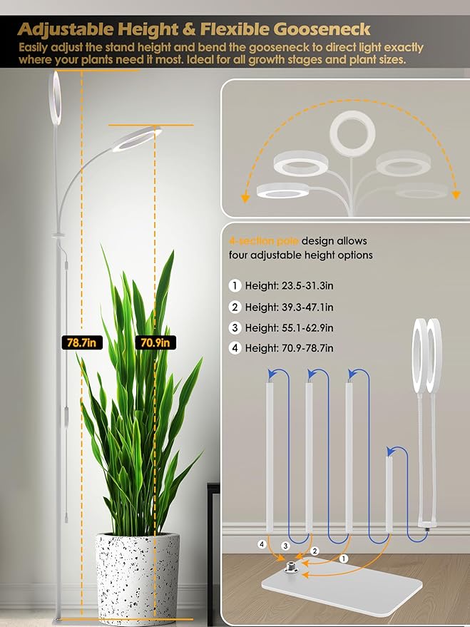 GLOWRIUM Grow Lights for Indoor Plants, Full Spectrum LED Grow Light, Stepless Dimming,3 Lighting Mode and Adjustable Height, Plant Light with 3/9/12/16H Timer (White, 24W)