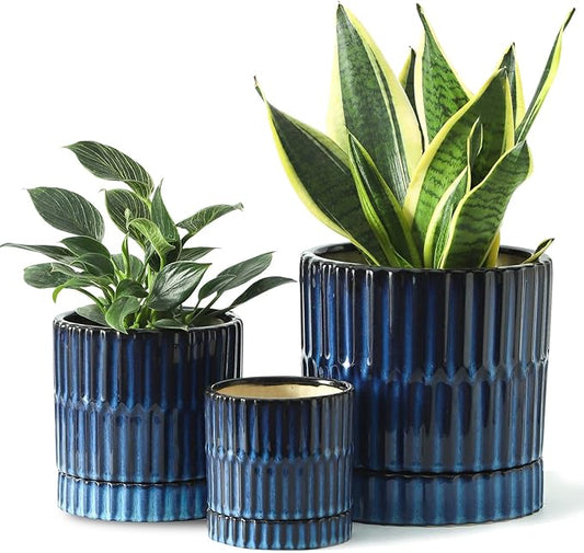 HASENSE Ceramic Pot for Plants, 3-Pack (8/6/4.6 inch) Medium Flower Planter with Drainage Holes & Tray, Rective Glaze Plant Pots Indoor with Ribbed Design, Kithen Home Office Decor, Blue