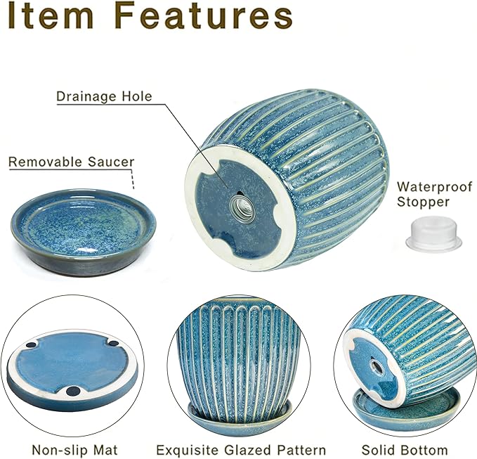 5 + 6 Inch Ceramic Plant Pots with Drain Hole & Saucer, Flower Pots for Indoor/Outdoor Plants - Succulent, Snake Plant, Money Tree, Aloe Vera, Basil Planter, Glaze Blue