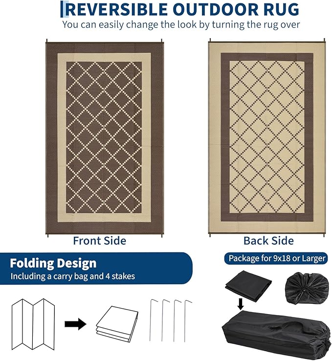 Outdoor Patio Rug 9x18 Waterproof Plastic Reversible Rug Modern UV Resistant Foldable Camping Mat Contemporary Geometric Outdoor Floor Mat for RV Backyard Deck Brown/Coffe