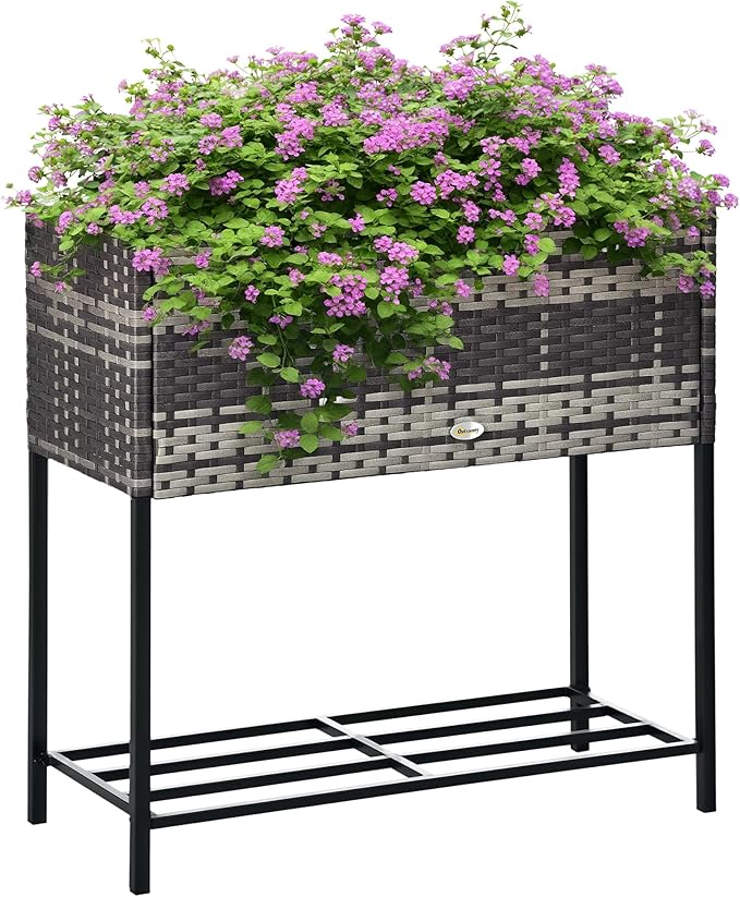 Outsunny Raised Garden Bed, Elevated Planter Box with Rattan Wicker Look, Tool Storage Shelf, Portable Design for Herbs, Vegetables, Flowers, Gray