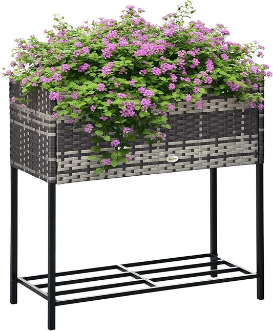 Outsunny Raised Garden Bed, Elevated Planter Box with Rattan Wicker Look, Tool Storage Shelf, Portable Design for Herbs, Vegetables, Flowers, Gray