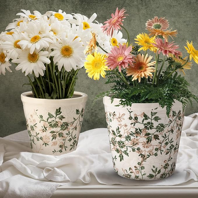2 Pack Vintage Planter Large Ceramic Plants Pot 5.7/4.7 Inch Pastoral Floral Ice Crack Cottage Scroll Flower Vase Pot Indoor Plants Home Kitchen Decor Farmhouse Antique Decorative Gift