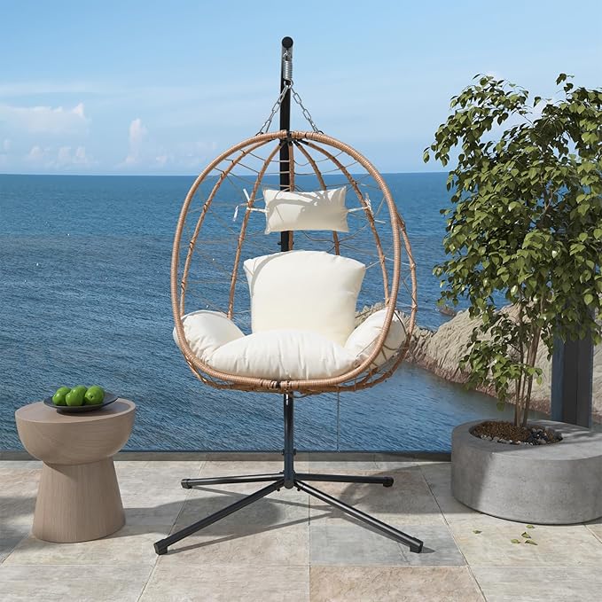 Hanging Egg Chair with Stand Indoor Swinging Chair Outdoor Hammock Egg Chair for Patio, Bedroom, Garden and Balcony (Milky White, Small)