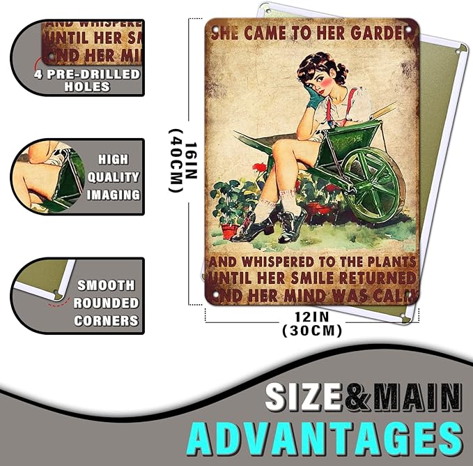 PEACHGARDEN Garden Metal Tin Sign She Came to Her Garden and Whispered To The Plants Vintage Tin Sign for Patio Porch Home Women Cave and Yard Wall Decor 12x16inch