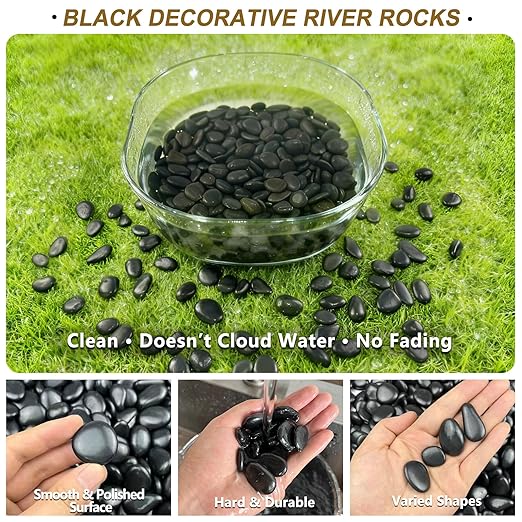 15LB Black River Rocks, 0.5–1.0 inch Pebbles for Indoor Plants, Aquarium Rocks, Fish Tank Gravel, Planters, Decorative Stones for Vase Fillers & Garden Landscaping Highly Polished