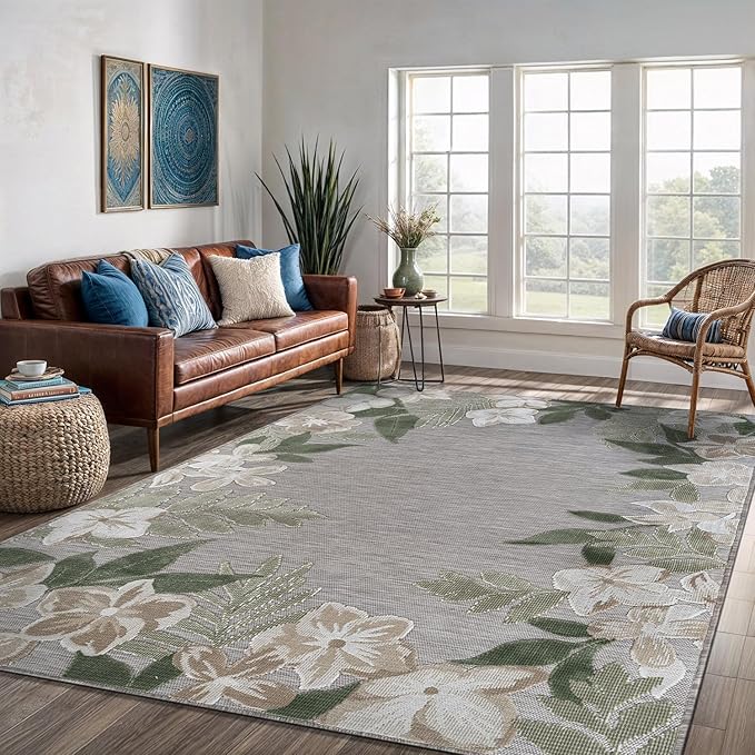 Outdoor Rug 8x10 Washable Area Rugs Indoor Outdoor Carpets Green Border Floral Non Shedding Waterproof Easy Clean Patio Deck Porch Living Room Bedroom Garden RV (8 X 10 Green)