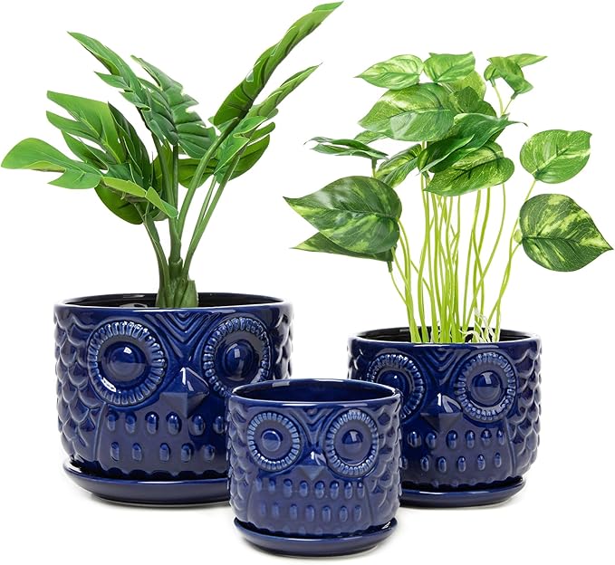 Ceramic Flower Pots, Ceramic Planters with Drainage Hole and Saucer, Modern Round Indoor Succulent Planters with Owl Design, Small to Medium-Sized, Set of 3, Navy Blue